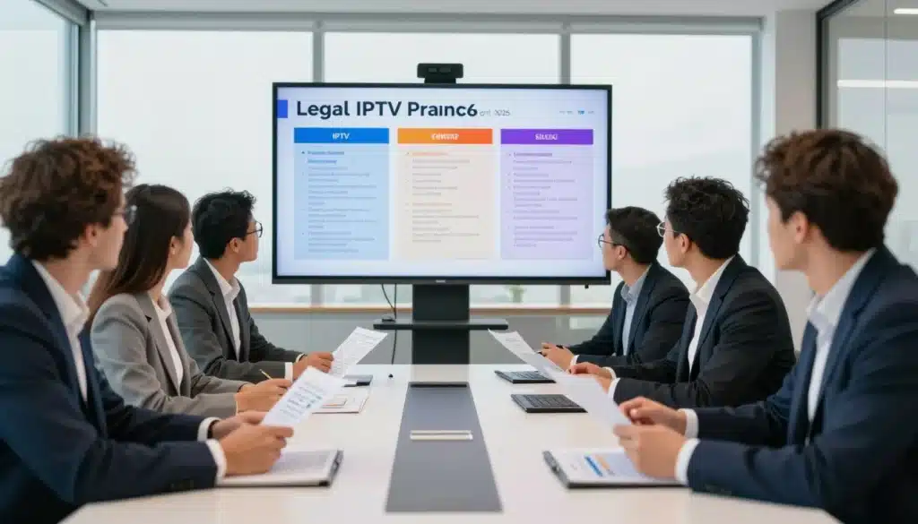 Réunion professionnelle analysant les solutions pour acheter IPTV en France avec présentation comparative des offres sur grand écran.