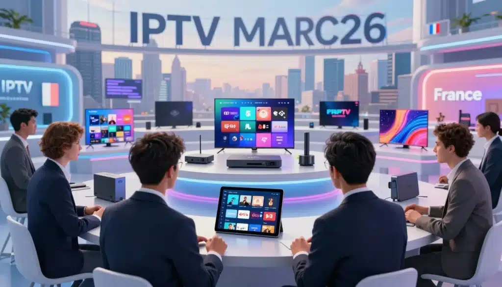 Présentation professionnelle sur acheter un code IPTV 2026 avec démonstration de boîtiers et écrans connectés en environnement high-tech.