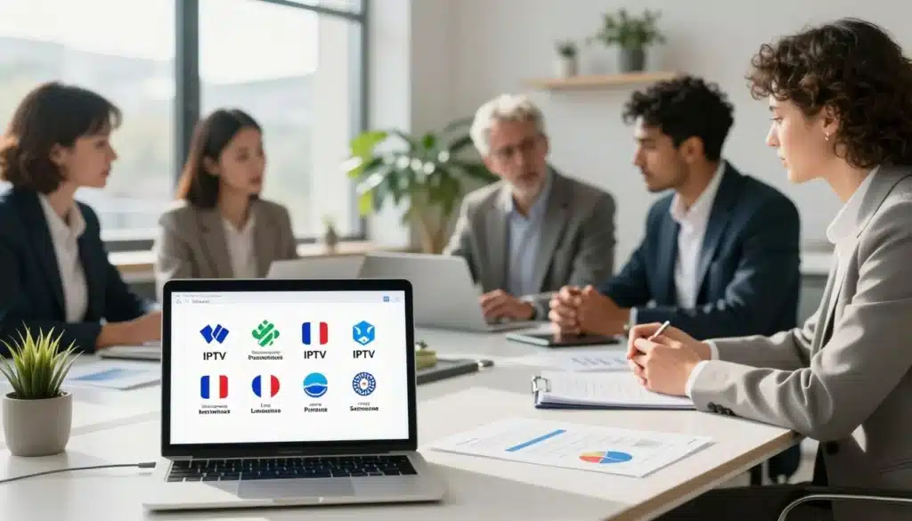 Réunion d’équipe analysant où acheter son code IPTV en France avec présentation comparative affichée sur ordinateur portable.