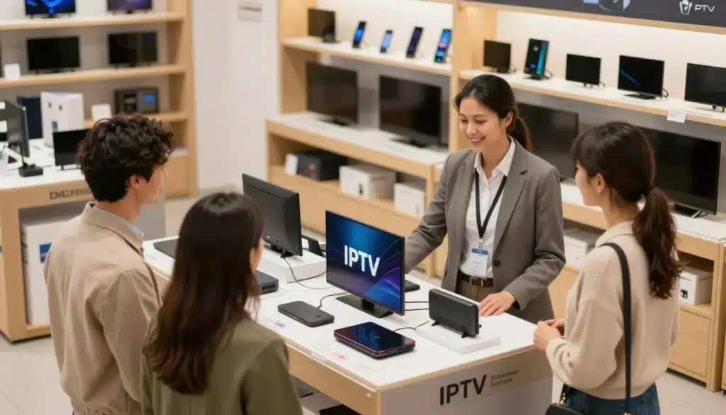 Conseillère expliquant où acheter un IPTV en magasin spécialisé avec démonstration d’un boîtier et écran connecté.
