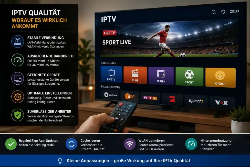 IPTV Smart TV lente avec interface de télévision affichant plusieurs catégories et contenus en direct